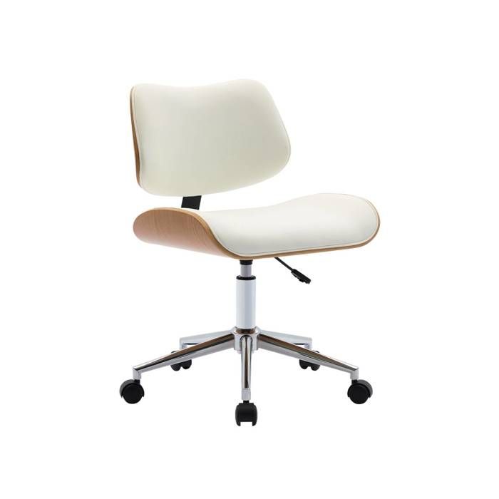 Chaise de bureau à roulettes décor bois courbé placage effet chêne et simili cuir blanc Chaise de bureau à roulettes décor bois courbé placage effet chêne et simili cuir blanc
