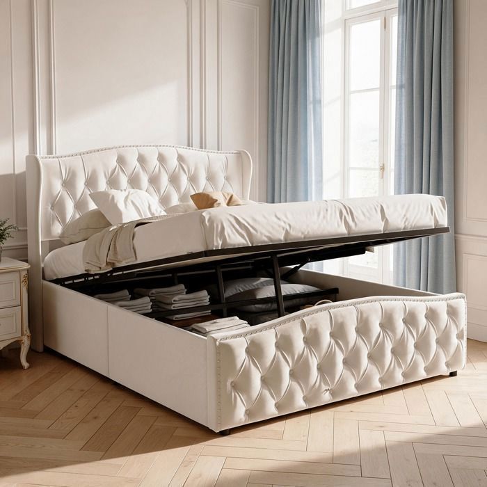 Lit Coffre 140x200 cmLit Double Rembourré avec RangementTête de Lit CapitonnéeLit 140x200 avec sommiercadre de litVelours Beige