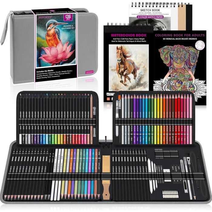Kit Dessin & Esquisse 136 Pièces HIFORNY – Crayons Graphite, Fusain, Aquarelle, Métalliques + Carnet, Livre Coloriage & Aquarelle