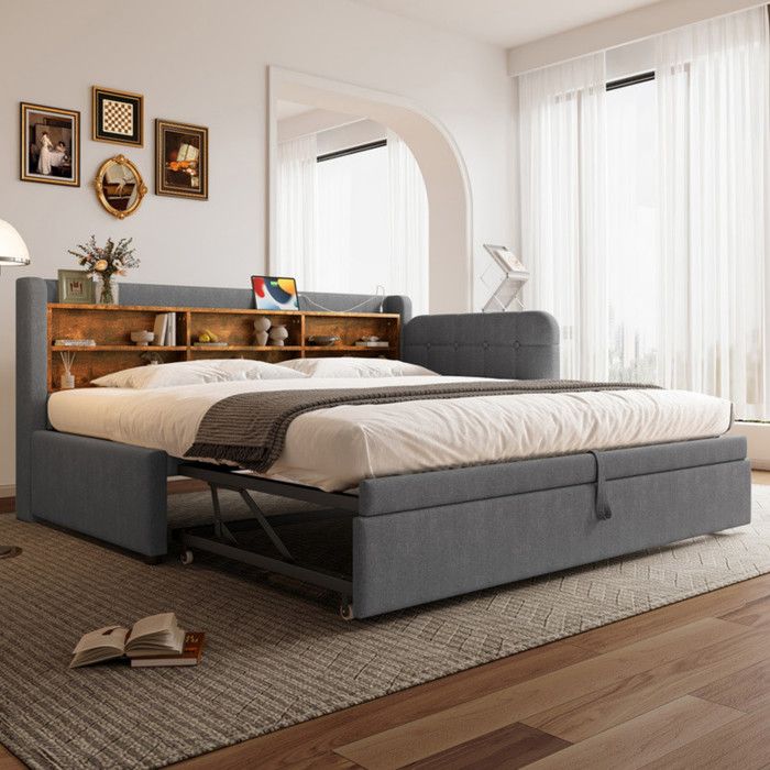 Canapé Lit 90*200 cm (180x200 cm) avec Lit Gigogne lit 2 personnes avec USB + Type-C Lit Double Rembourré en Linen Gric