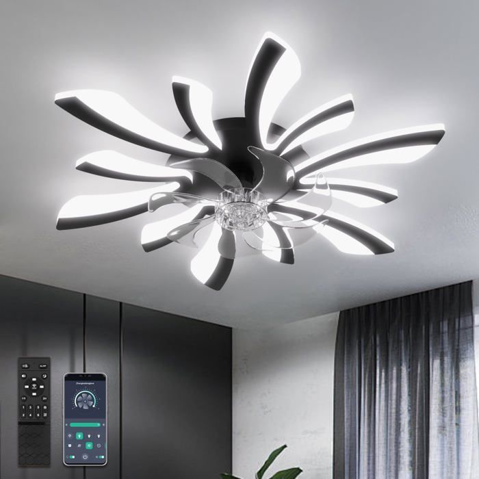 Ventilateur de Plafond 78cm Noir avec Lumière et Télécommande 6 Vitesses DC Réversible - Yunlong