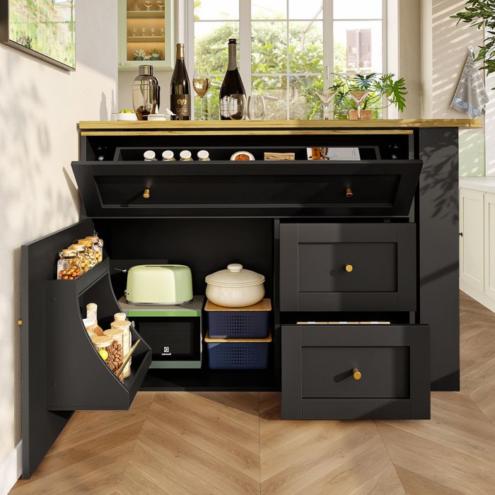 Table à manger extensible avec espace de rangement (138-204×39×105cm) Armoire de cuisine Cuisinière avec étagère pour snacks
