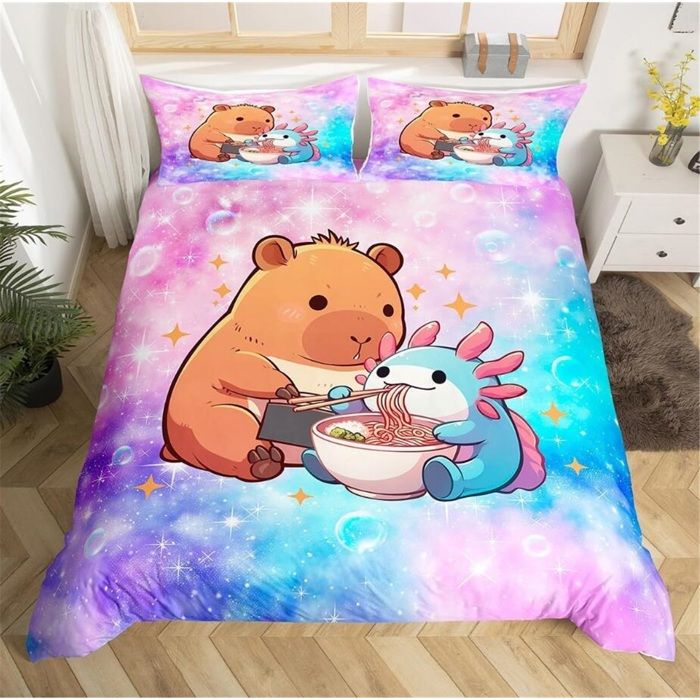Housse de Couette 140x200 Enfant Capybara Mignon Avec Taie doreiller Parure de Lit pour Fille Garçon Literie Set Galaxie Rose Bleu