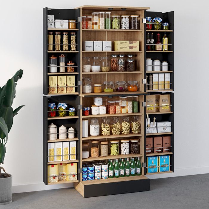 IDMARKET Buffet haut armoire de cuisine H.160 cm ALTO 4 portes avec rangements façon hêtre et noir IDMARKET Buffet haut armoire de cuisine H.160 cm ALTO 4 portes avec rangements façon hêtre et noir
