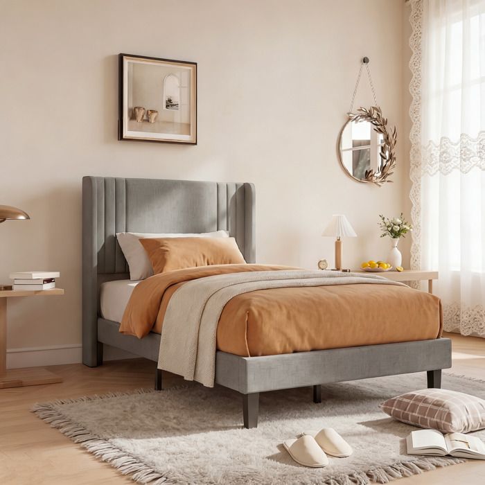 Lit Simple 90x200cm - Tête de Lit Capitonné - Cadre de Lit Adultes Adolescents avec sommier a lattes - 2 Place - Tissu Lin Gris