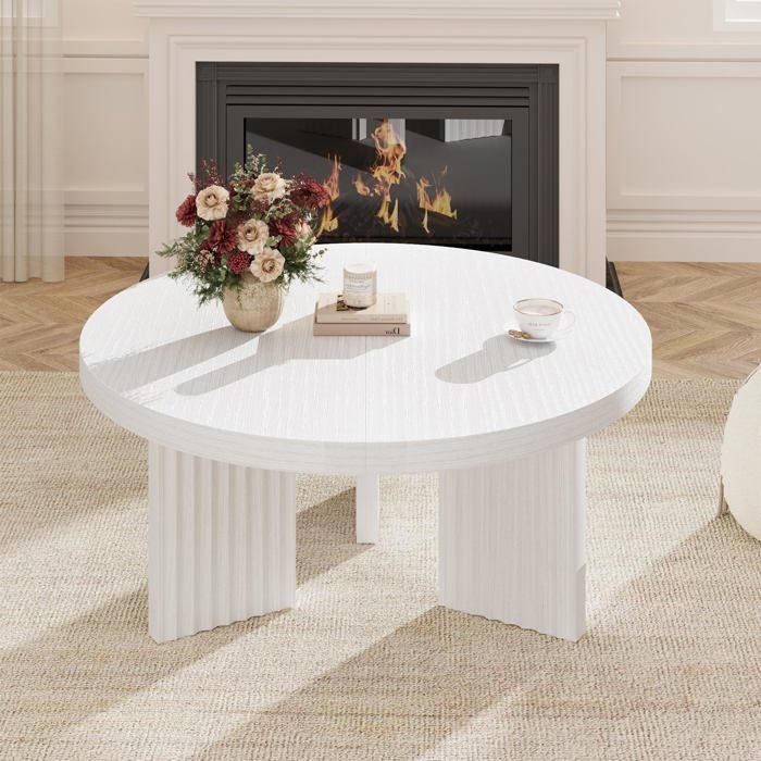 Table basse ronde - LUNSY - 85x85x40 cm - Blanc - Plateau 3 cm - Supporte 90 kg - Design vintage - Montage facile