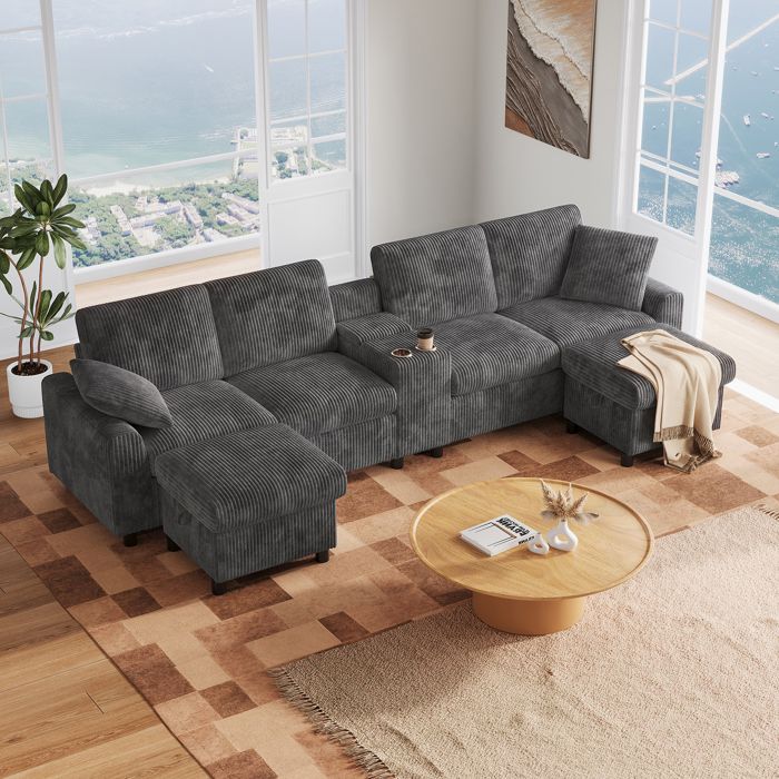 Canapé Modulable avec Table Basse et 2 Poufs Coffres Double Port USB-C et Prises Intégrées Tissu Côtelé Gris - 315×135×81 cm