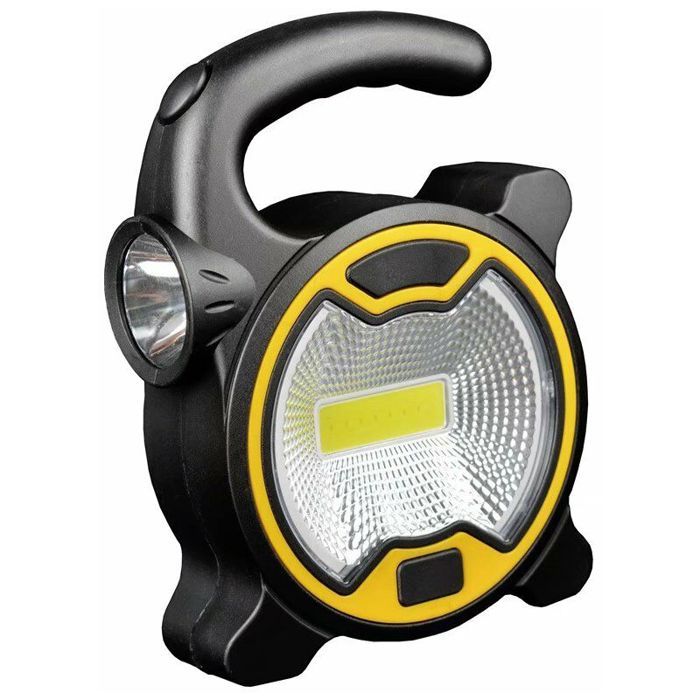 Lampe de camping multifonctionnelle avec fonction lampe torche lampe de travail portable à LED COB alimentée par batterie jaune.