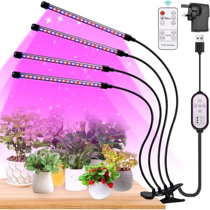 Lampes de croissance pour plantes dintérieur : 80 LED à spectre complet 4 bras minuterie 6500K/3000K/660nm télécommande 10 n