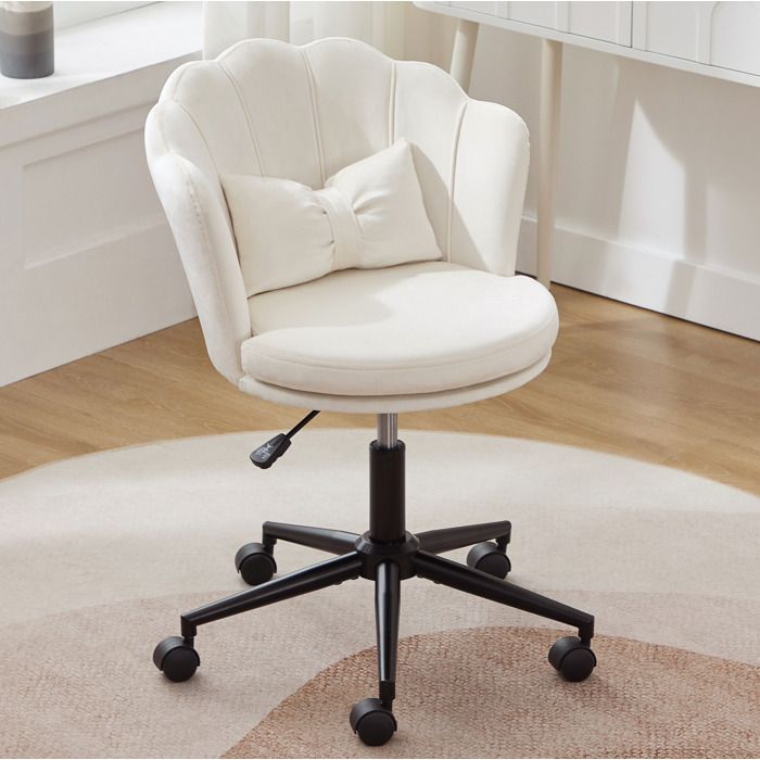 Chaise de bureau réglable pivotante 360° avec coussin lombaire dossier pétale velours beige
