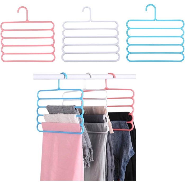 Cintres Multicouches Gain De Place 5 Niveaux Lot De 6 Cintres Plastique 5-en-1 Pour Pantalons Jupes Cravates Bleu Rose Blanc