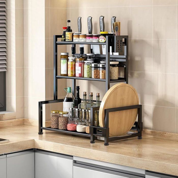 Étagère à épices 3 étages - Grande capacité en métal Pour plan de travail Avec porte-ustensiles 3 Couches de Métal MEUBLE A EPICES