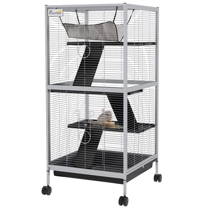 LIA Cage animaux portable 4 niveaux roulettes 2 portes 3 rampes hamac