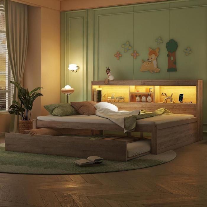 Lit de jour - KOMHTOM - 140x200 cm - LED intégrée - Lit escamotable 90x190 - Rangement latéral & prise USB