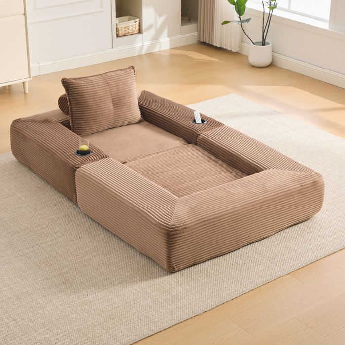 Sofa clic-clac velours côtelé assise stable mousse HD & ressorts poche côté + porte-gobelet accoudoirs zippés montage facile