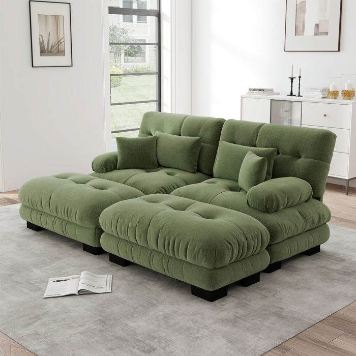 Canapé dAngle revêtement chenille 2 coussins lombaires 2 coussins déco larges accoudoirs 2 ottomans vert
