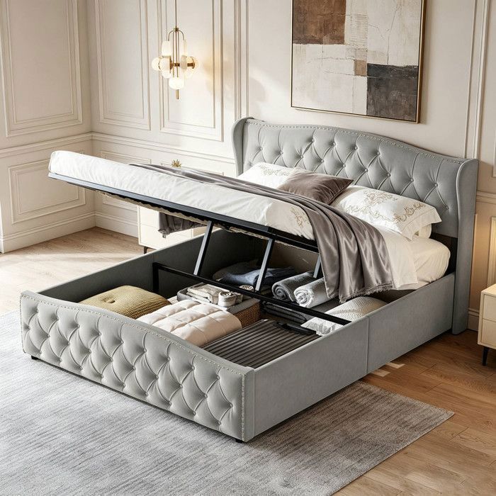 Lit coffre 140x190 cm Lit double capitonné Sommier à lattes en bois massif Rangement sous le lit Décor riveté Velours gris