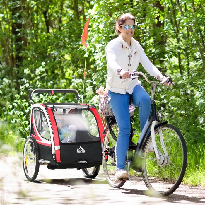 Remorque vélo enfant 2-en-1 avec fonction jogger bâche résistante aux intempéries acier rouge et noir 142 x 75 x 101 cm
