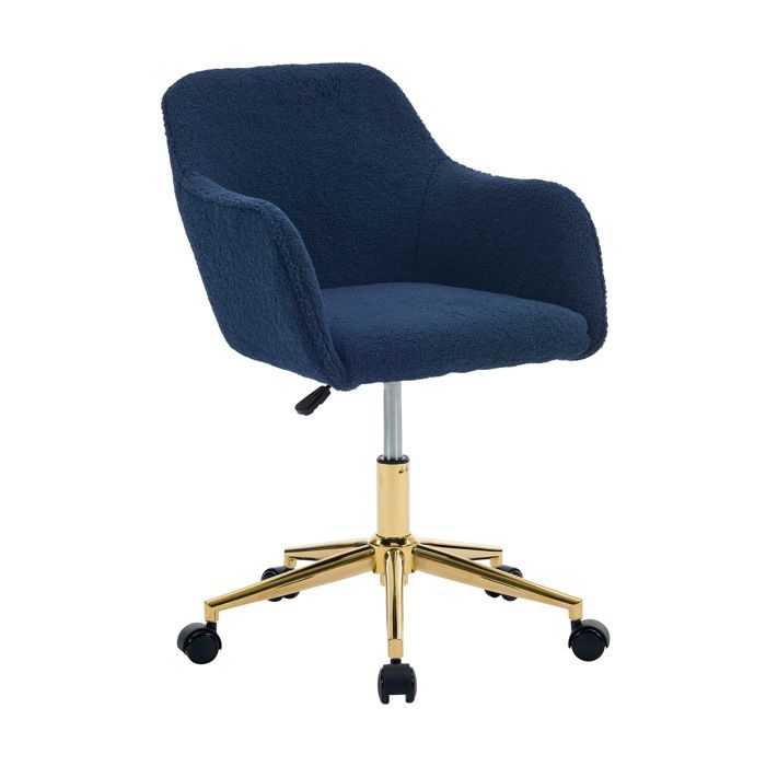 Chaise de bureau à roulettes Teddy bleu foncé – base dorée réglable et pivotante 360°