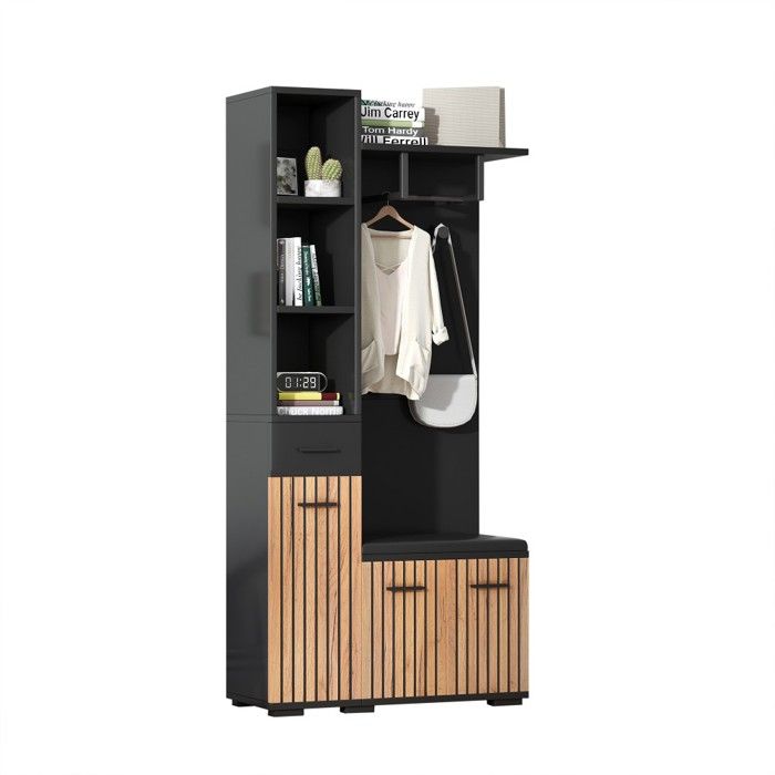 Meuble Dentrée 80x35x175cm Noir Et Bois Capitonné Armoire Rangement 2 Crochets Porte-manteau Avec Banc À Chaussures Compact Meuble Dentrée 80x35x175cm Noir Et Bois Capitonné Armoire Rangement 2 Crochets Porte-manteau Avec Banc À Chaussures Compact