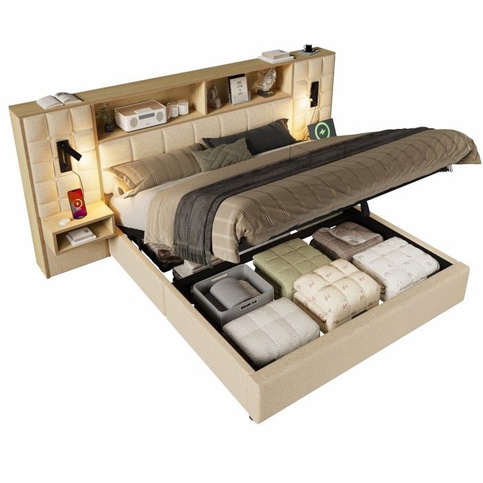 Lit Double Rembourré Lin Beige 160x200cm LED USB-C Tables Chevet Intégrées Coffre Rangement Sommier Lattes Sans Matelas Lit Double Rembourré Lin Beige 160x200cm LED USB-C Tables Chevet Intégrées Coffre Rangement Sommier Lattes Sans Matelas