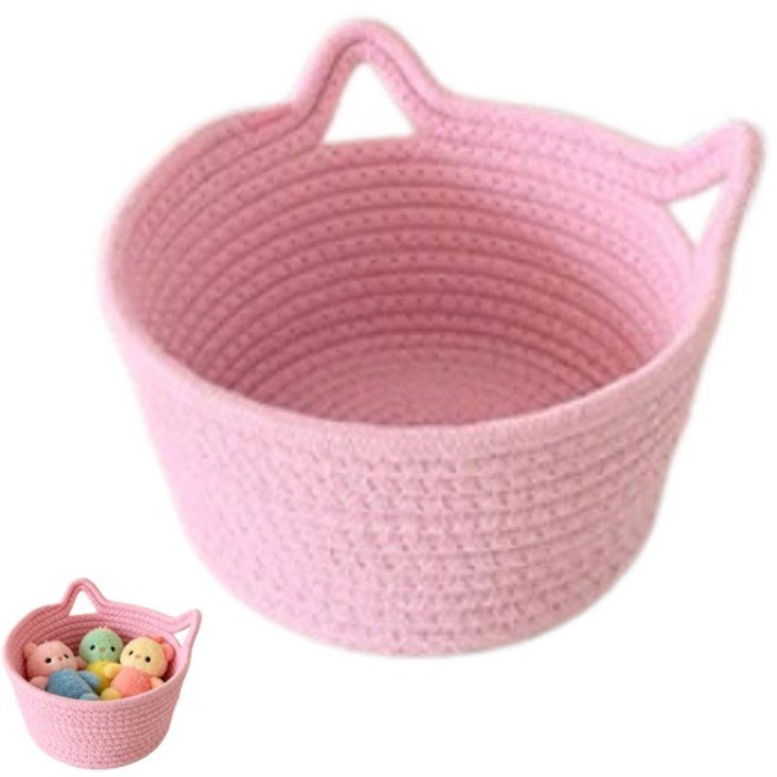 Panier de Rangement Tressé à Poignées Modèle Chat Rose Corbeille Coton Medium 21 x 21 x 12 cm