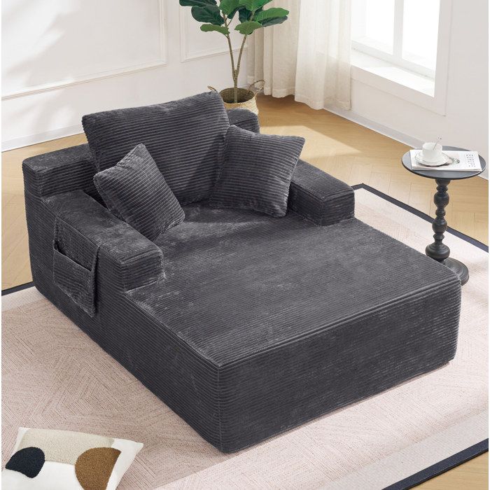 ROVRYN canapé fixe 1 place chaise longue 150 x 110 x 70 cm velours côtelé gris foncé avec poches latérales