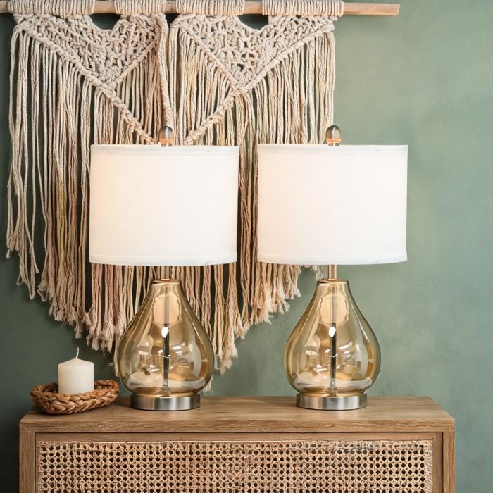 Lampe de chevet beige lin et verre ambré – Ø30 x 56 cm – E27 lot de 2