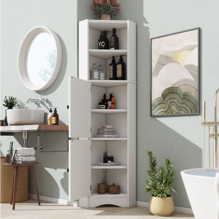 Colonne DAngle MDF Blanc Meuble Triangulaire FloraGrace Pour Salle De Bain Gain De Place 51.7x32x155.4cm