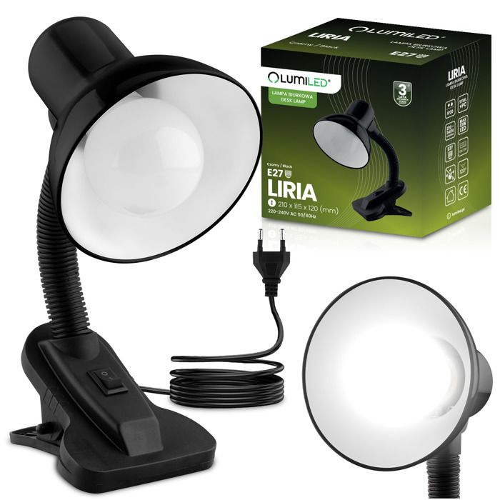 Lampe de bureau réglable LIRIA scolaire nocturne E27 pince noire LUMILED