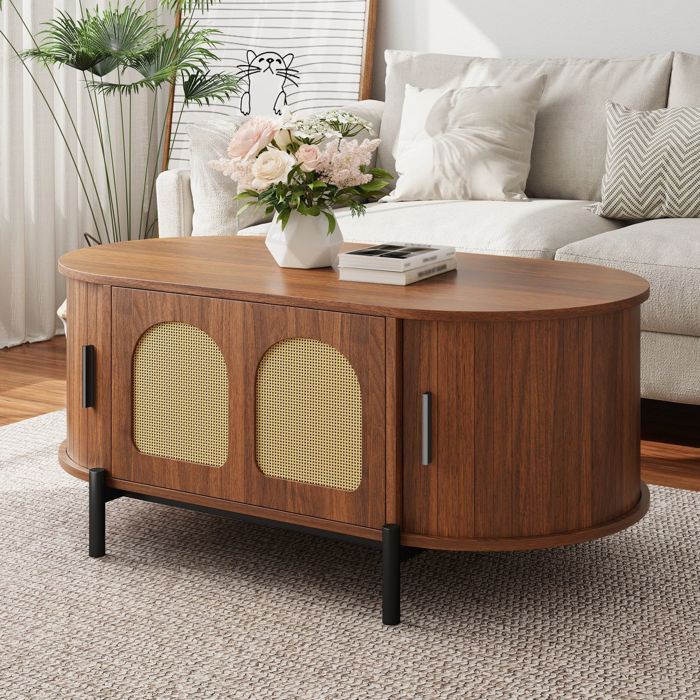Table basse - WESTYLE - Modèle 100x50x40 cm - Ovale - Aspect bois & rotin - Pieds métal