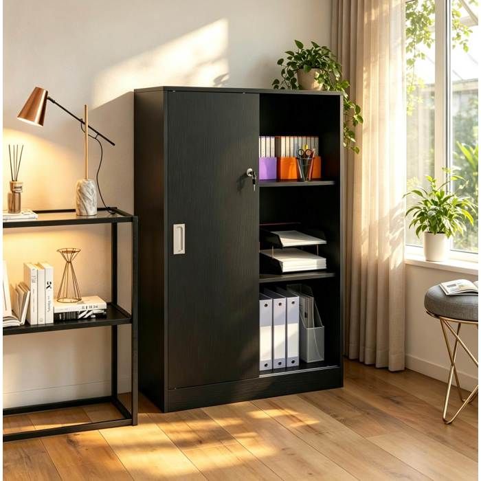 Armoire De Bureau Noire Armoire Coulissante FloraGrace Pour Bureau Verrouillable Avec 2 Clés 80x40x120cm