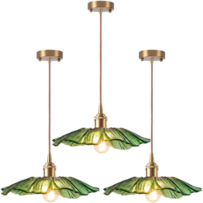 WOTTES Lot de 3 Suspension Vintage Verre Vert Fleur Lustre Bar Chambre Cuivre Lampe Suspendue Intérieur Éclairage Luminaire