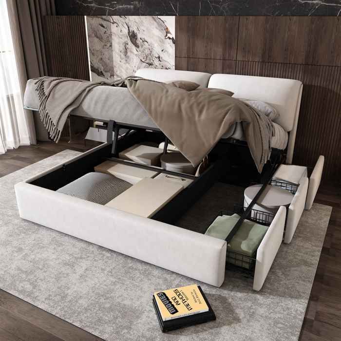 Grand lit coffre 180x200 cm pour deux personnes capacité 300 kg sans matelas mais avec sommier solide et rangements multiples.