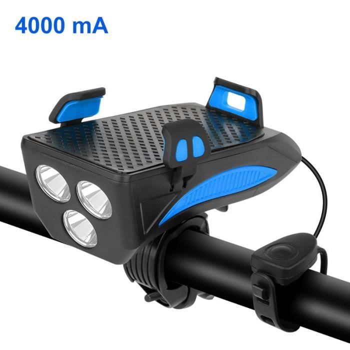 4000 mah bleu - lampe de poche multifonction 4 en 1 pour vélo, sonnette d'alarme, support de téléphone, batte