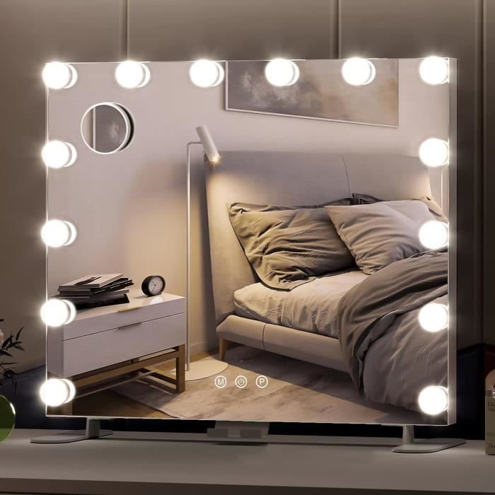 TUREWELL Miroir de Maquillage hollywoodien avec lumières, Grand Miroir de  courtoisie éclairé avec 3 Couleurs de lumière et 9 Ampoules LED à intensité  Variable, écran Tactile Rotation à 360 degrés : 