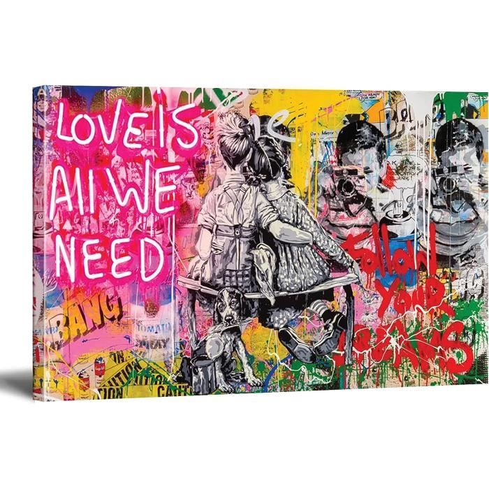 MJEDC Banksy Graffiti Toile Art Décor Behind the Curtain Graffiti Art Tableau Street Art Impression sur Toile Tableau Décoration murale salon moderne Avec Cadre (30x50cm(11.8x19.7inch