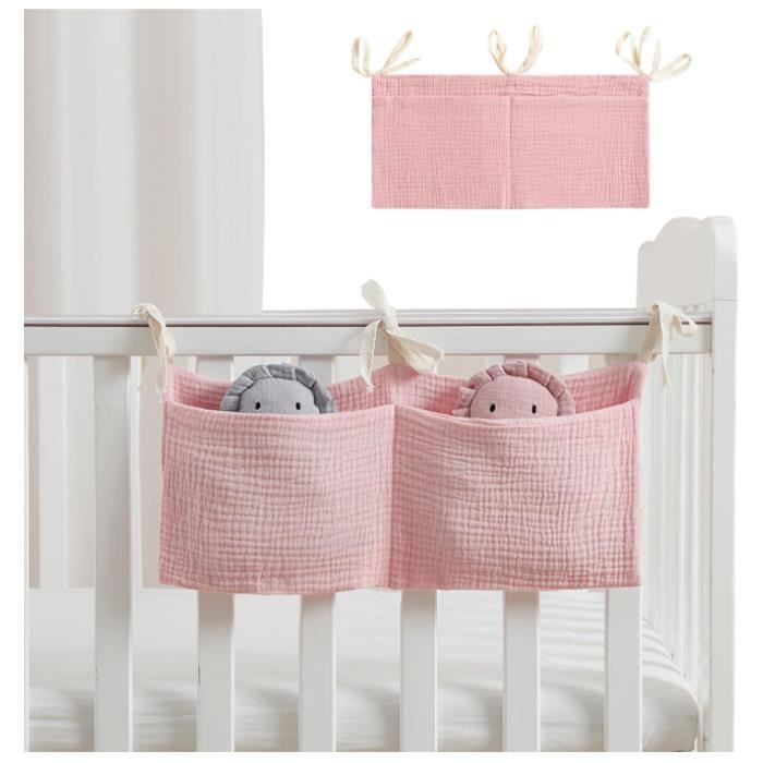 Sac De Rangement Lit Bébé Rose 2 Poches - Organisateur Couches, Jouets, Biberons Suspendu
