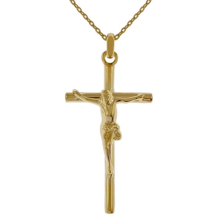 Pendentif Croix Christ Plaqué Or 18 carats + Chaîne Plaqué Or 50cm - Dorée - Adulte - Plaqué or - Doré - Mixte