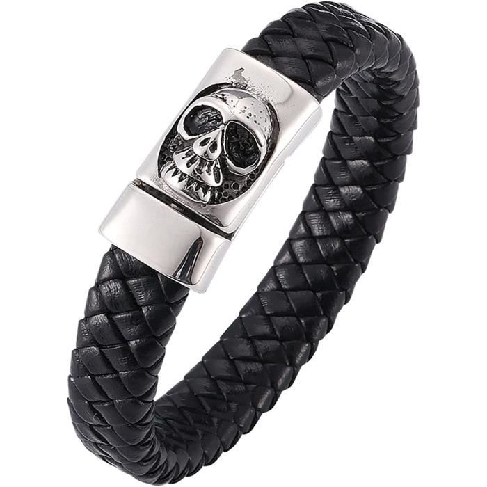 Flongo Bracelet Alliage Leather Cuir Tête De Mort Crâne Punk Rock Caraibes Capitaine Pirate Bijoux Cadeau Couleur Noir Pour Homme
