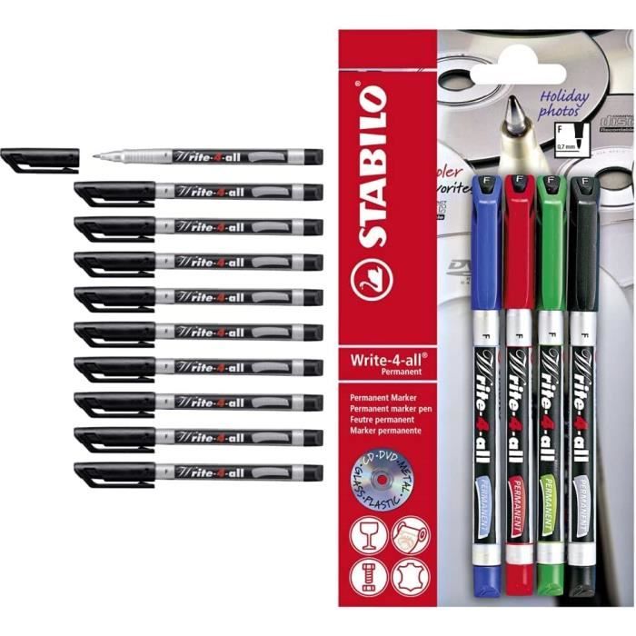 Lot De 5 Marqueurs Permanents STABILO Write-4-all - Pointe Moyenne, Noir - Neuf