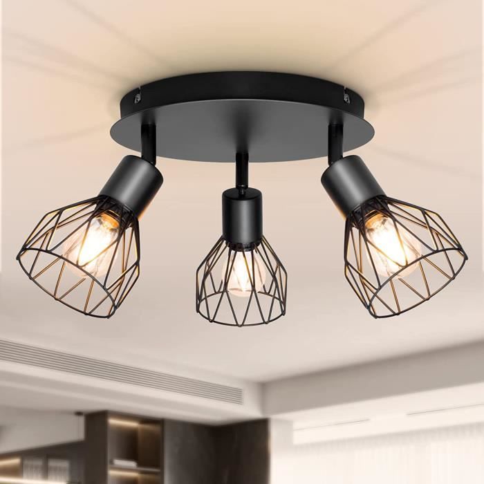 Plafonnier Industriel 3 Spots DEHOBO - Orientable, Douille E14, 40W Max, Noir - Pour Cuisine, Salon