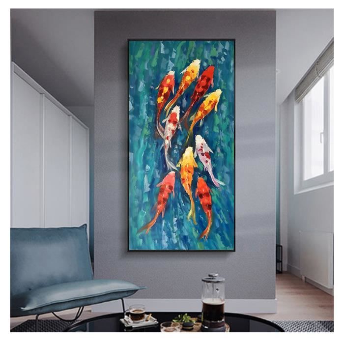 Broderie Chinoise Verticale En Soie – 9 Poissons Koï Et Fleurs De Lotus, Cadre 3D, Prêt à Accrocher