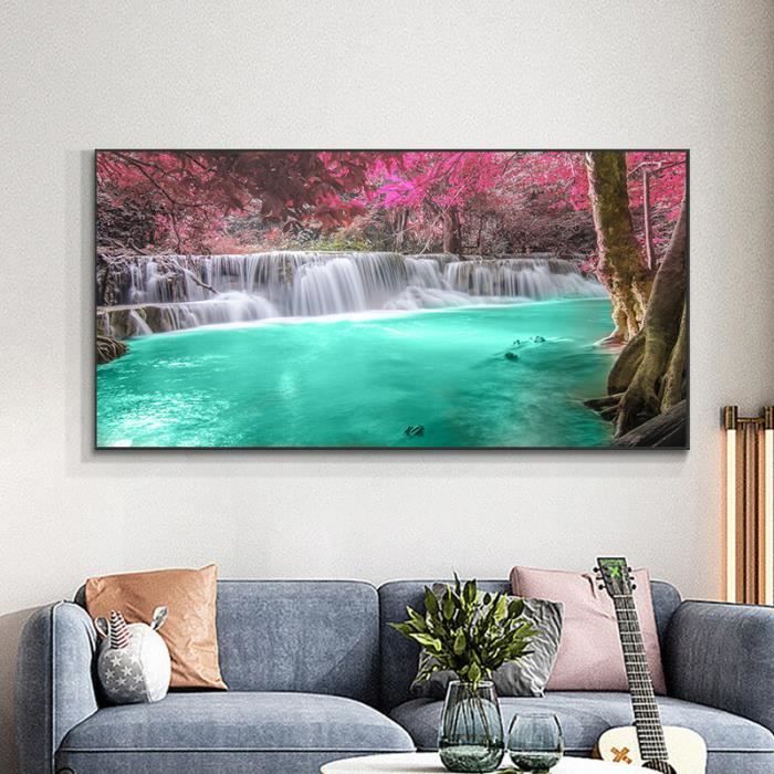 Toile XXL Panoramique 3D - Cascade Rochers Arbres - Peinture Murale Nature - 1684