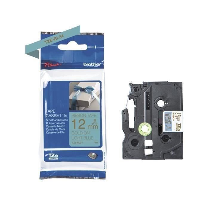 Ruban Brother - TZERL34 12mm or sur bleu clair - Bande de ruban non adhésive - 1 cassette incluse