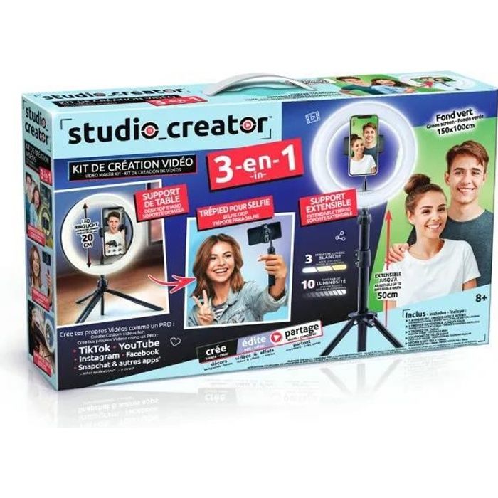Canal Toys - Studio Creator 3 en 1, Kit création vidéo avec un anneau de lumière LED avec 3 modes d'éclairage, un trépied et un fond