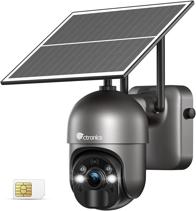 Ctronics 4G/3G LTE Caméra Surveillance 2K 3MP sans Fil Solaire Extérieure Noir Batterie 10400mAh Vision Nocturne Couleur 30m