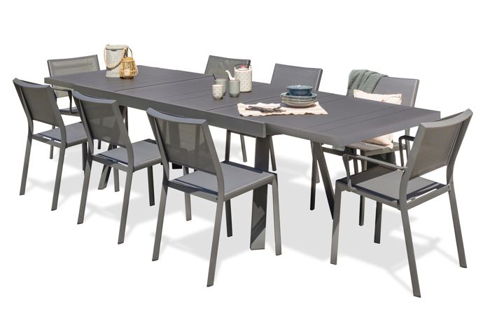 Table de jardin STOCKHOLM-TB300-ALU à rallonge, 6 chaises STOCKHOLM-CH et 2 fauteuils STOCKHOLM-FT empilables