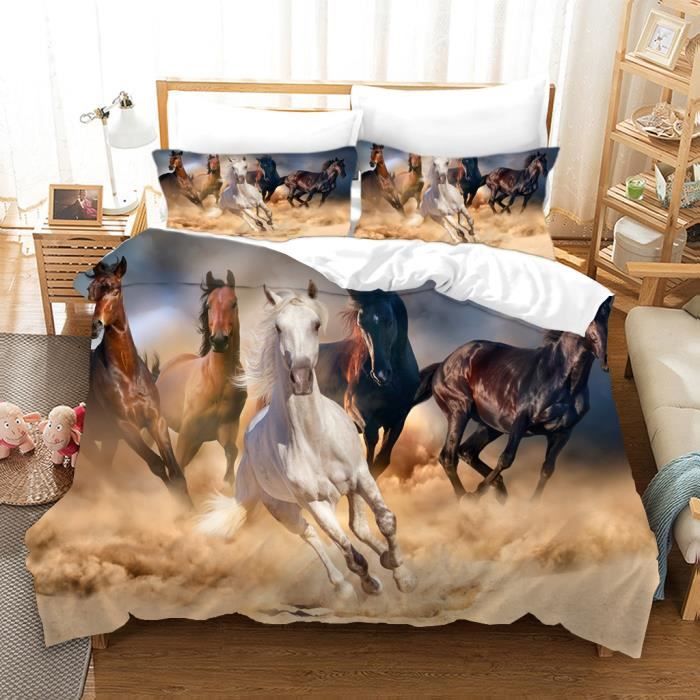 Parure De Lit 200x200 Cm Motif Chevaux - Housse De Couette + 2 Taies 65x65 Cm, Microfibre Douce, Fermeture éclair