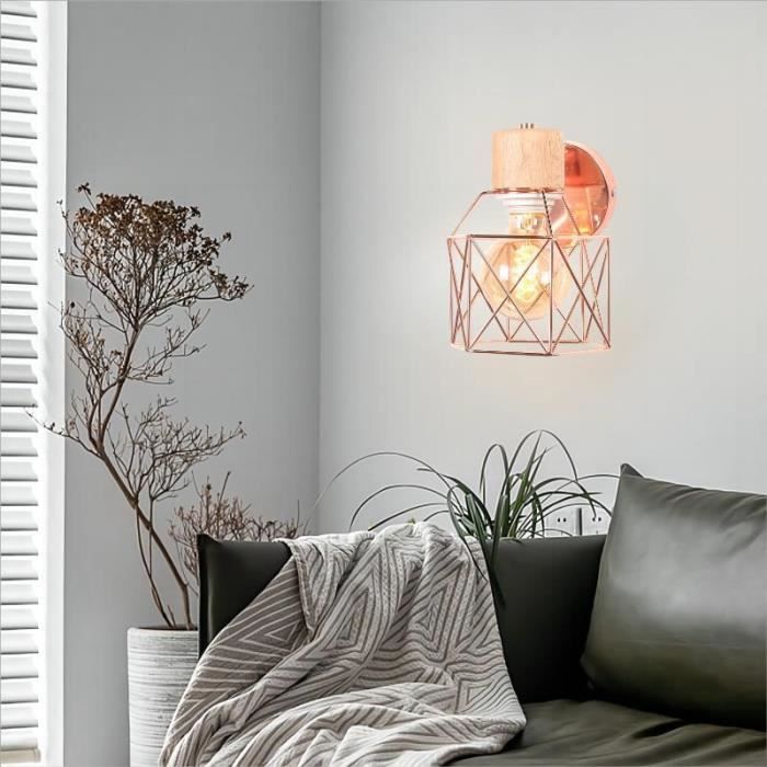 MOGOD Applique Murale Industrielle Réglable- Lampe Murale Cage Ø15cm Or Rose en Métal Bois E27 Plafonnier Vintage Luminaire